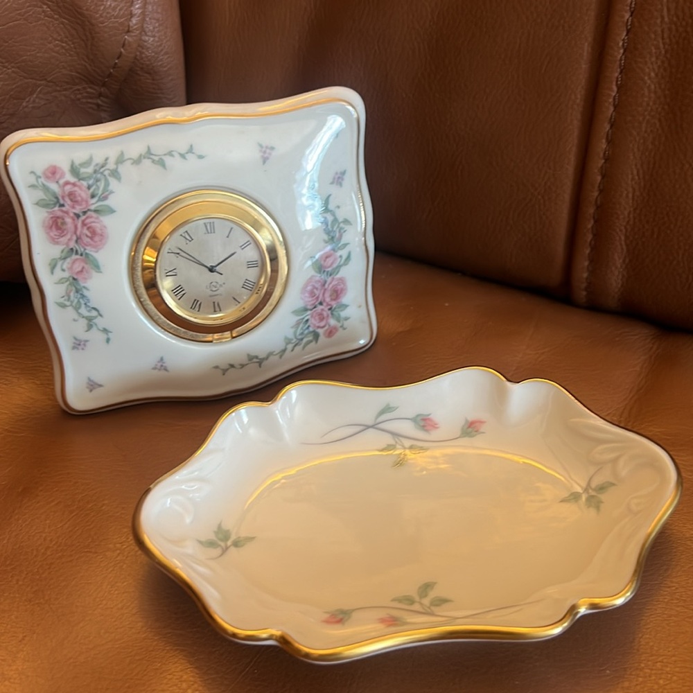 LENOX ROSEBUD TABLE CLOCK & TRINKET DISH
